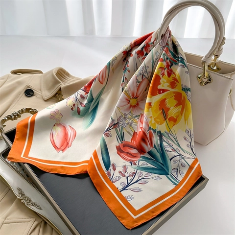 Foulard Quadrato Stampa Tulipani Imitazione Raso Satine Bandana Collo Capelli Accessorio Per Borsa Donna
