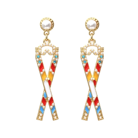 Retro Geometric Cross Ribbon Drop Earrings Gold Plated Alloy Multi Color Enamel Blue Rhinestone Faux Artificial Pearl For Women