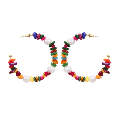 Orecchini A Cerchio Bohemien Con Pietre Colorate E Künstliche Perle Bianche Geometrici Forma C Gioielli Da Vacanza Donna