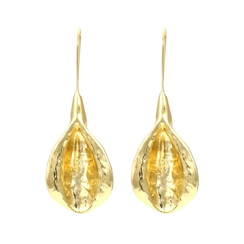 Vintage Gouden Bloem Blad Hangende Oorbellen Gehamerde Textuur Organisch Bloemblad Lange Haak Metalen Sieraden