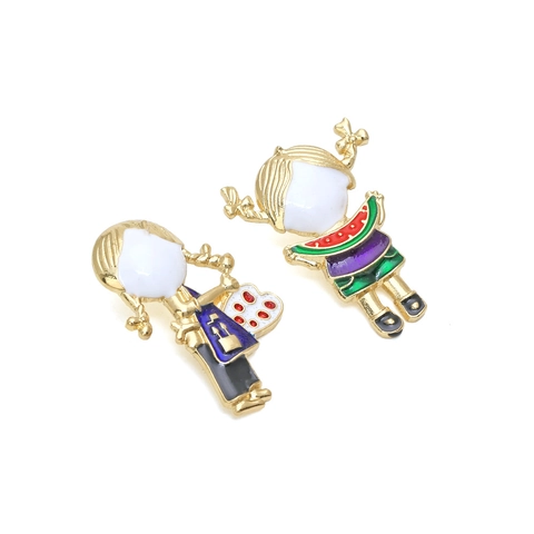 Cartoon Girl Drop Earrings Enamel Glaze Zinc Alloy Drip Oil Cute Sweet Style Asymmetric Design For Women