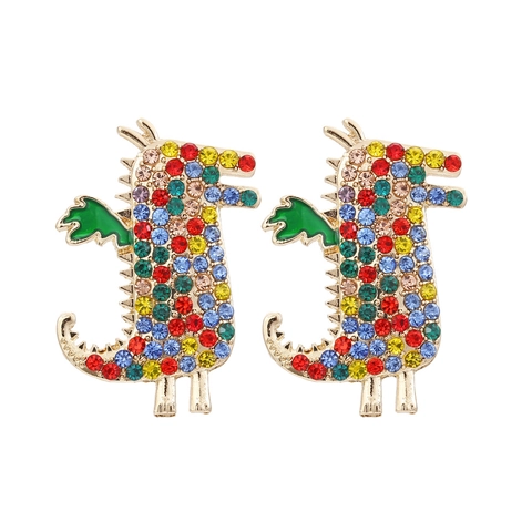 Cute Dinosaur Stud Earrings Multi Color Rhinestone Enamel Zinc Alloy Animal Cartoon Trendy Jewelry For Women Girls