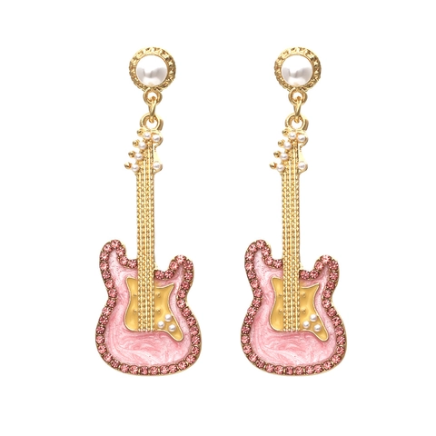 Gitarre Hänger Ohrringe Legierung Vergoldet Emaille Rosa Rhinestone Weiße Künstliche Perle Rock Mode Schmuck Für Frauen Geschenk