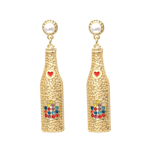 Champagne Bottle Dangle Earrings With Alloy Rhinestone And Imitation Artificial Pearl Red Heart Creative Fashion Jewelry For Women