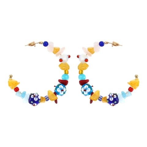 Pendientes De Aro Bohemios En C Cuentas De Vidrio Coloridas Piedra Triturada Patrón Floral Hecho A Mano Retro Metal Dorado