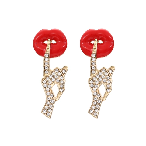 Red Lips Hand Gesture Shhh Drop Earrings Alloy Rhinestone Enamel Drip Fun Pop Art Jewelry For Women