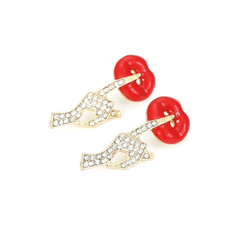 Red Lips Hand Gesture Shhh Drop Earrings Alloy Rhinestone Enamel Drip Fun Pop Art Jewelry For Women
