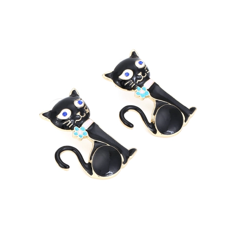 Cute Black Cat Stud Earrings Alloy Enamel Animal Shape With Blue Rhinestone Eyes And Flower Detail Korean Jewelry For Women