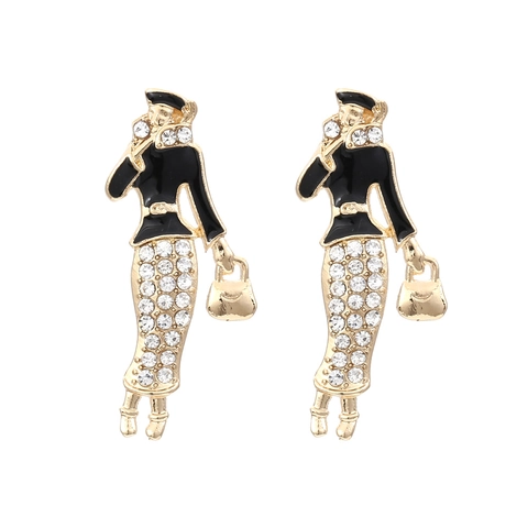 Pendientes Colgantes Retrato De Mujer Aleación Dorada Esmalte Pedrería Joyería Retro Chic Para Mujer