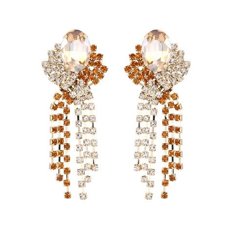 Pendientes Largos De Borla Hechos De Aleación Y Diamantes De Imitación Geométricos Ovales De Cristal Para Mujer