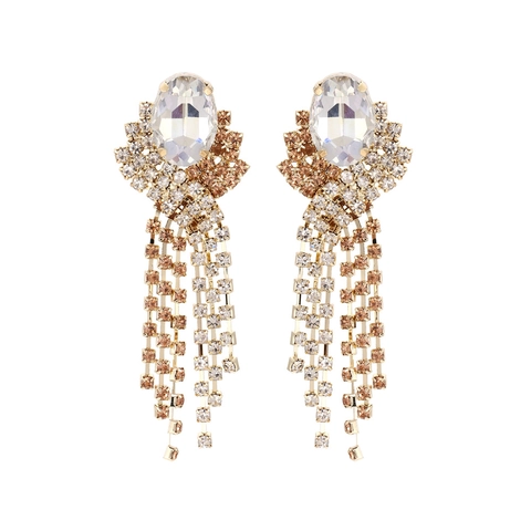 Pendientes Largos De Borla Hechos De Aleación Y Diamantes De Imitación Geométricos Ovales De Cristal Para Mujer