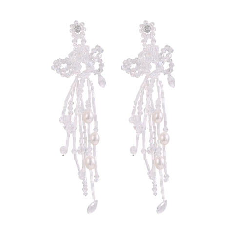 Orecchini Con Nappine Fiori Intrecciati Mano Künstliche Perle Vetro Cristallo Bohemien Esotico Sovradimensionato Gioielli Festa Matrimonio