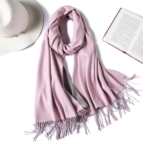 Sciarpa Da Donna In Finta Cashmere Doppia Faccia Bicolore Nappine Frange Inverno Caldo Tinta Unita Scialle Spesso