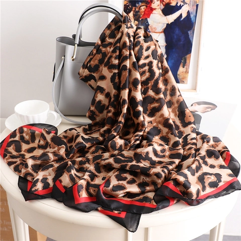 Leopard Print Scarf Women Polyester Satin Satiny Large Shawl Wrap With Contrasting Borders Fashion Sun Protection Accessory