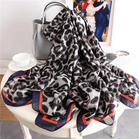 Leopard Print Scarf Women Polyester Satin Satiny Large Shawl Wrap With Contrasting Borders Fashion Sun Protection Accessory