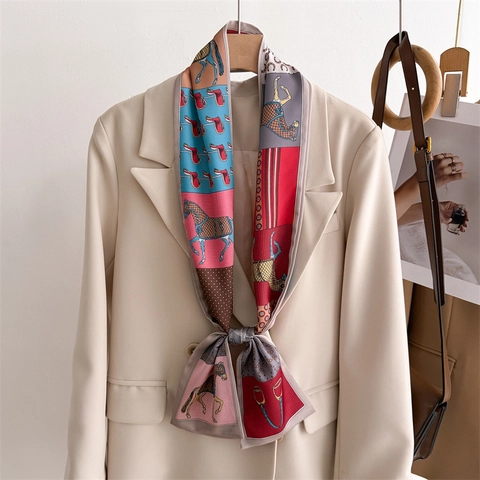 Sciarpa Stretta Con Stampa Equestre In Finta Raso Cravatta Sottile Per Donna Nastro Per Borsa Doppio Strato Elegante Retrò