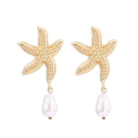 Starfish Artificial Pearl Drop Earrings Gold Plated Alloy Baroque Sea Star Dangle Jewelry For Women Beach Vacation Vintage Style