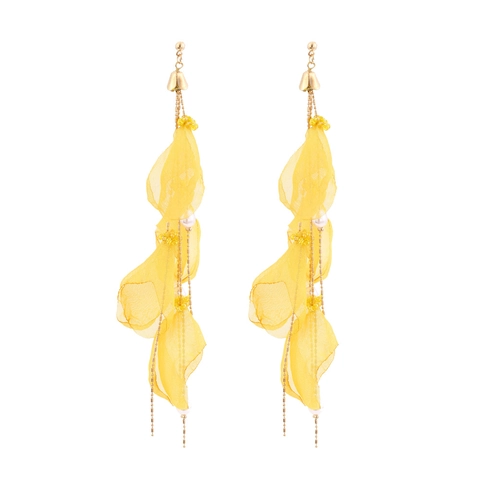 Chiffon Flower Petal Dangle Earrings Long Copper Chain Tassel With Imitation Artificial Pearl Bohemian Style For Women