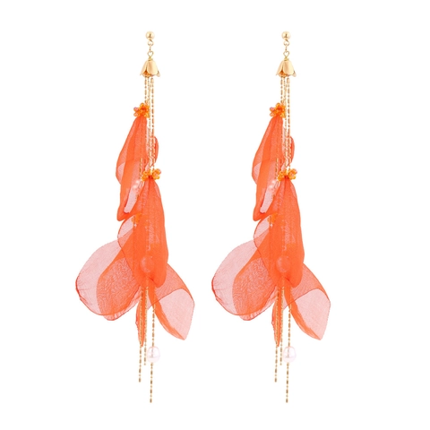 Chiffon Flower Petal Dangle Earrings Long Copper Chain Tassel With Imitation Artificial Pearl Bohemian Style For Women