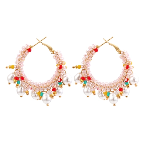 Bohemian Hand-Woven Hoop Earrings Alloy Colorful Seed Beads Imitation Artificial Pearls For Women Vintage Exaggerated