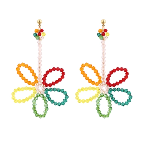 Handmade Woven Flower Drop Earrings Colorful Glass Crystal Beaded Long Tassel Bohemian Jewelry For Women