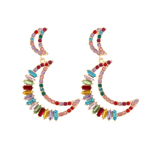 Bohemian Double Moon Dangle Earrings With Colorful Rhinestone Zinc Alloy Statement Jewelry For Women Oversized Drop