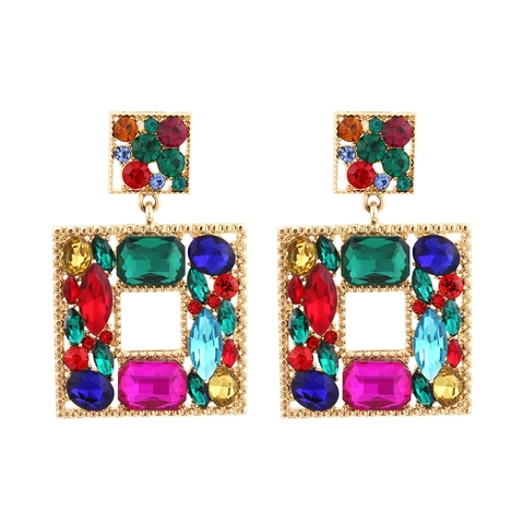 Pendientes Colgantes Cuadrados Geométricos Huecos De Estrás De Vidrio Colorido Estilo Bohemio Vintage Para Mujeres Aleación Oro
