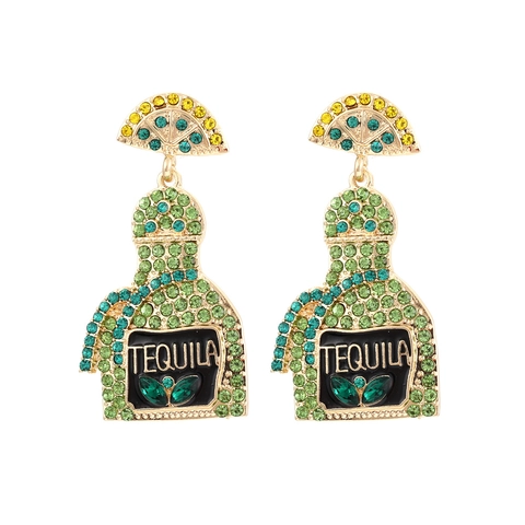 Orecchini Pendenti Bottiglia Tequila Lega Strass Perline Design Fetta Di Lime Gioielli Da Festa Per Donna