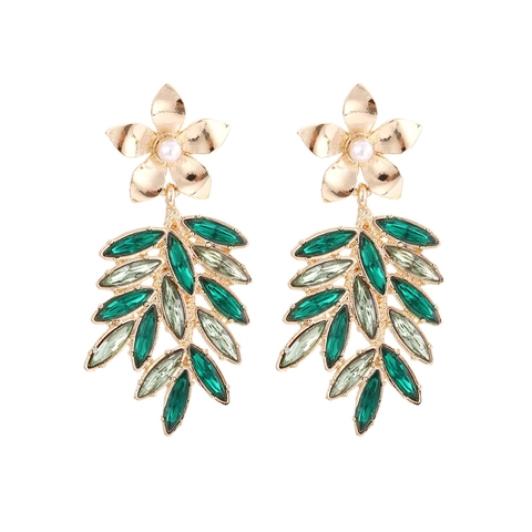 Vintage Leaf Flower Drop Earrings With Alloy Rhinestone And Faux Artificial Pearl Bohemian Holiday Style For Women