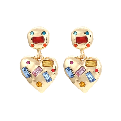 Retro Heart Shaped Dangle Earrings For Women With Alloy And Colorful Rhinestone Geometric Design Fashion Jewelry