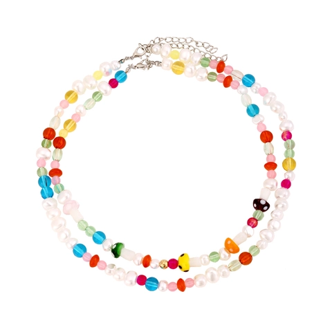 Collana A Doppio Strato Boho Con Künstliche Perle Imitazione E Grani A Forma Di Fungo In Vetro Colorato Per Donna Stile Vintage