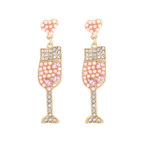 Orecchini Pendenti Bicchiere Champagne Lega Strass Perline Cuore Dolce Creativo Gioielli Festa Per Donna