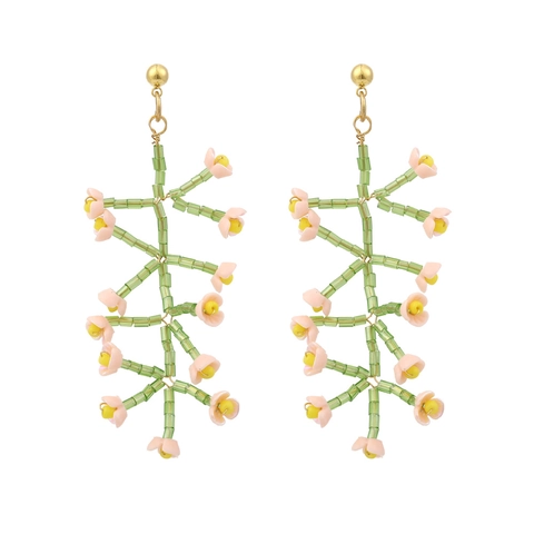 Handgefertigte Florale Zweig Ohrringe Bunte Harzblumen Glasperlen Lange Hänger Pastoraler Stil Damen Schmuck