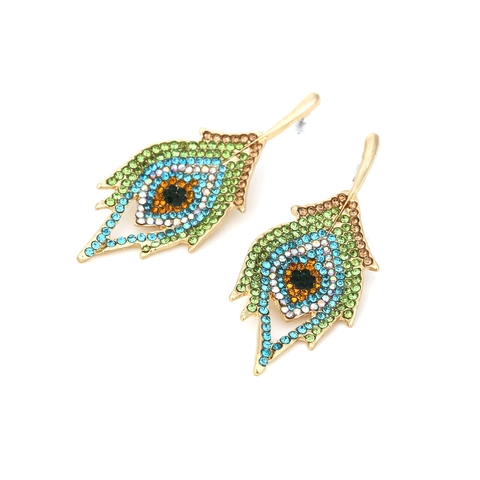 Peacock Feather Drop Earrings Alloy Multicolor Rhinestone Bohemian Exaggerated Dangle Earrings For Women Fashion Jewelry