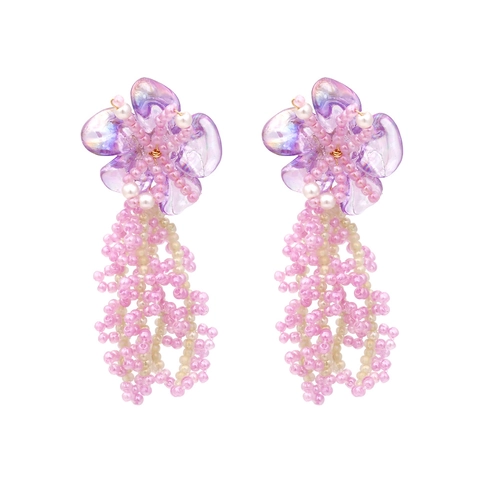Orecchini A Nappina Con Fiori Fatti A Mano Intrecciati Petalo Di Resina Perla Artificial Sintetica Perla Artificialta Goccia Lunga Dolce Romantico Viola Per Donna