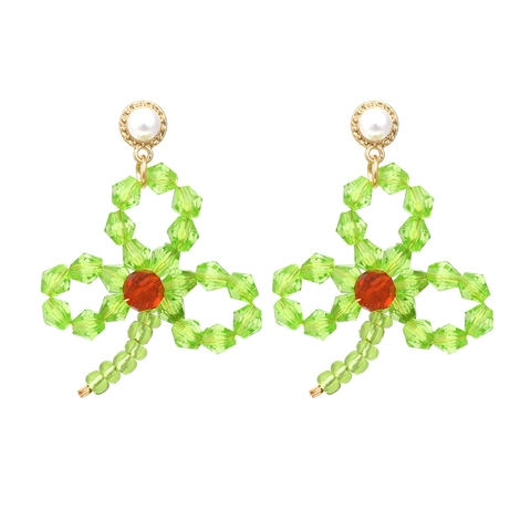 Handmade Beaded Leaf Drop Earrings Zinc Alloy Resin Seed Beads Faux Artificial Pearl Floral Bohemian Style For Women