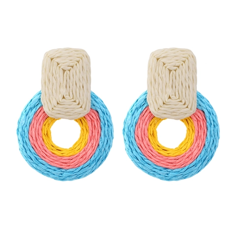 Bohemian Hand Woven Raffia Circular Geometric Dangle Earrings For Women Handmade Straw Weaving Vacation Drop Earrings Jewelry