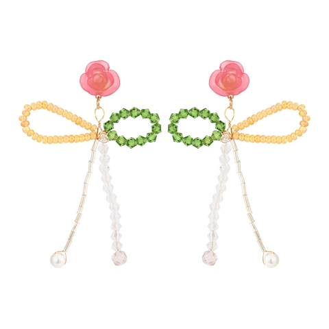 Floral Dangle Earrings With Resin Rose Hand Woven Crystal Glass Beads And Faux Artificial Pearl Long Tassel Jewelry For Women