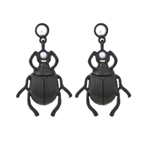 Vintage Beetle Insect Drop Earrings Alloy Lacquered Black With White Imitation Artificial Pearl Jewelry For Women