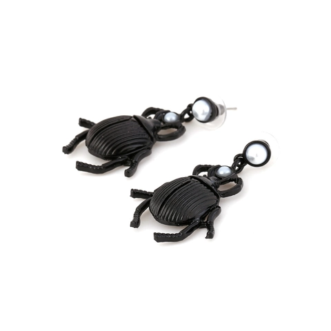 Vintage Beetle Insect Drop Earrings Alloy Lacquered Black With White Imitation Artificial Pearl Jewelry For Women