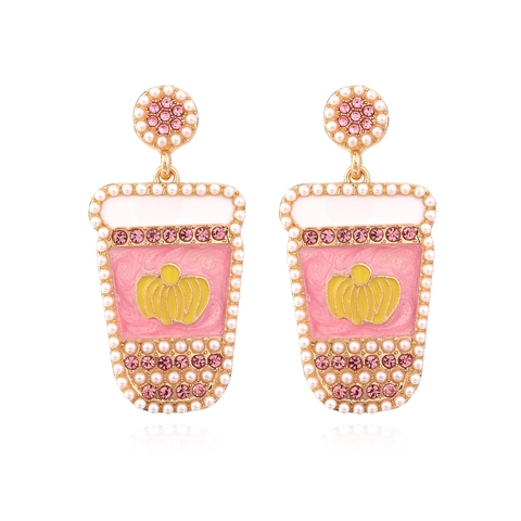 Pendientes Colgantes Creativos Con Forma De Vaso De Jugo Aleación Esmalte Strass Perla Artificial De Imitación Rosa Joyas Para Mujer