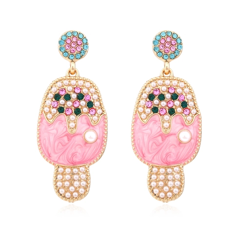 Pendientes Colgantes De Aleación Con Forma De Helado Con Diamantes De Imitación Coloridos Esmalte Y Perla Artificial Joyería De Verano