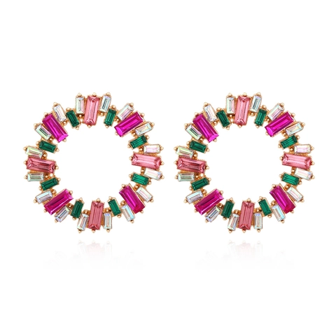 Retro Exaggerated Colorful Baguette Resin Rhinestone Hollow Sunflower Hoop Earrings With Earring Post Women Alloy