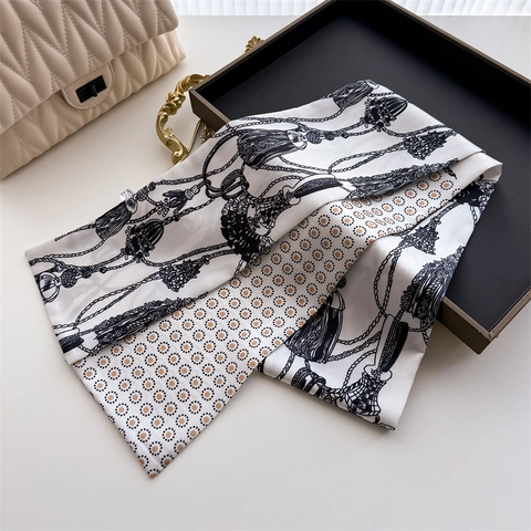 Pañuelo Twilly Largo Y Estrecho Con Estampado De Cadena Borla Y Lunares Doble Capa Corbata Satén Simulada Diadema Mujeres