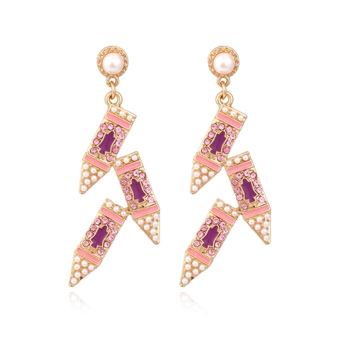 Pencil Shape Geometric Dangle Earrings With Enamel Rhinestone Faux Artificial Pearl Colorful Sweet Jewelry For Women