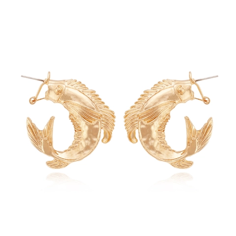Boucles D'oreilles Créoles Poisson En Alliage De Zinc Doré Rétro Pour Femmes Relief 3D Carpe Koï Forme Animale Bijoux