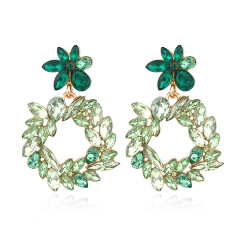 Green Rhinestone Flower Wreath Dangle Earrings Vintage Alloy Exaggerated Vacation Jewelry For Women