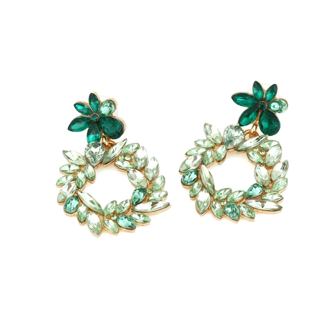 Green Rhinestone Flower Wreath Dangle Earrings Vintage Alloy Exaggerated Vacation Jewelry For Women