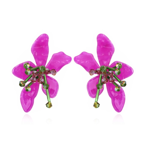 Flower Drop Earrings Acrylic Crystal Beaded Handmade Floral Petal Dangle For Women Statement Jewelry With Silver Post