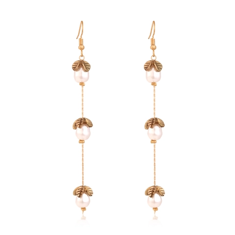 Vintage Long Drop Earrings With Faux Artificial Pearls And Zinc Alloy Floral Petal Charms Elegant Hook Jewelry For Women